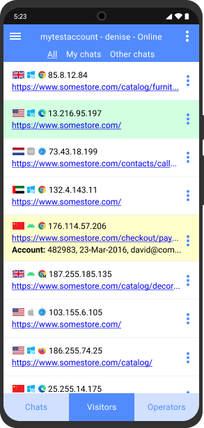 Мониторинг сайта в реальном времени в приложении для Android для операторов чата